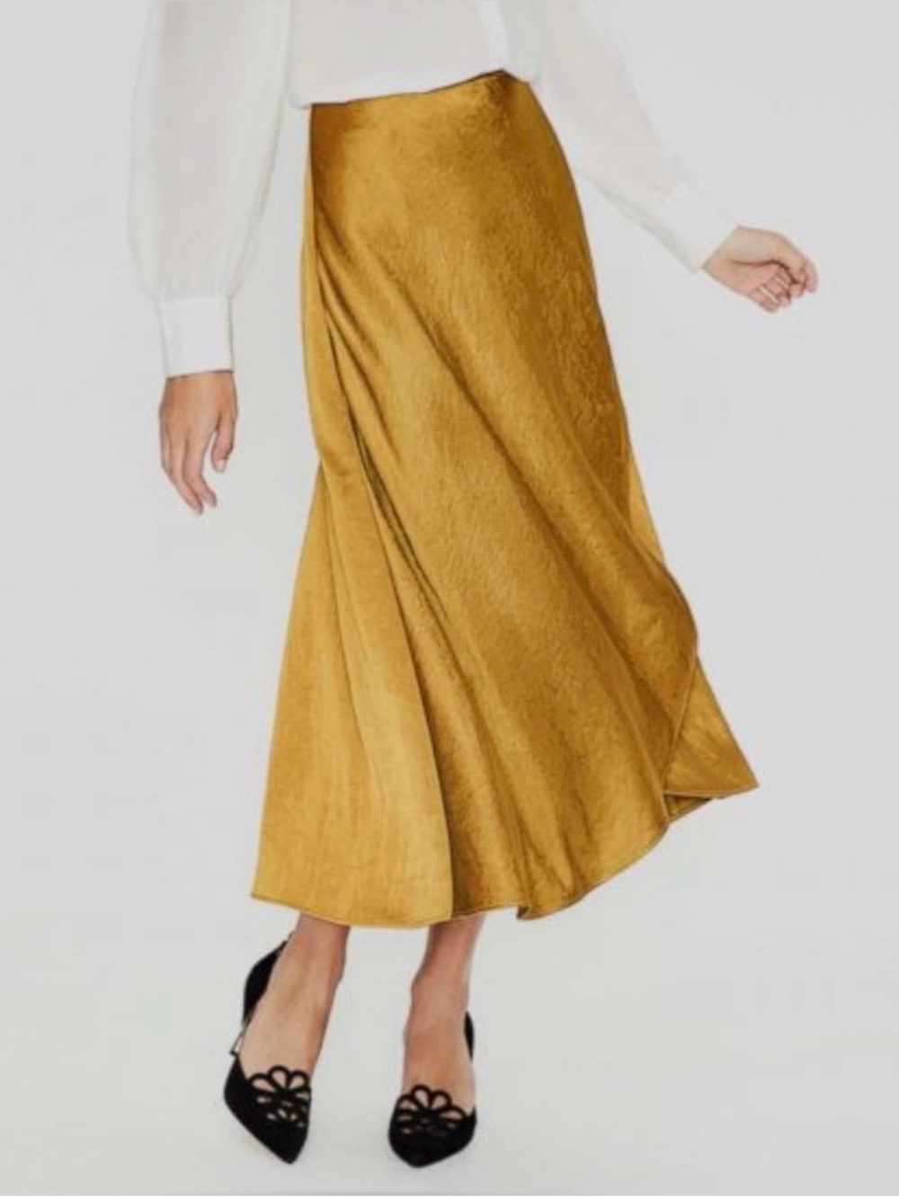Boden Mustard Gold Satin Midi Skirt